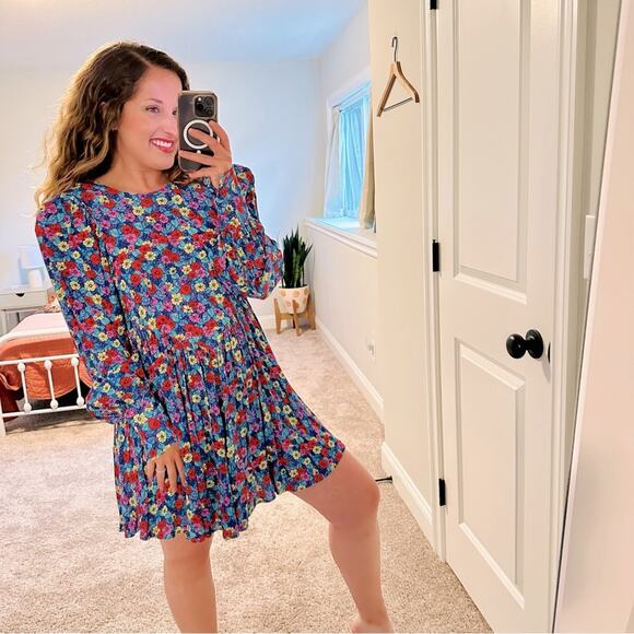 Rotate Birger Christensen Vibrant Blue Floral Long Sleeve Mini Dress 6 - Picture 1 of 11